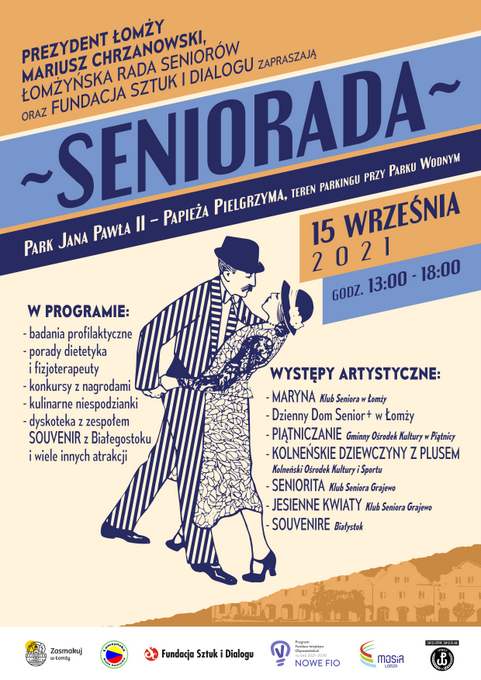 plakat promujący senioriadę, grafika tańczący seniorzy