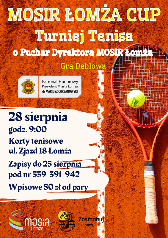 plakat zachęcający do zapisów na turniej tenisa rakieta piłka tenisowa