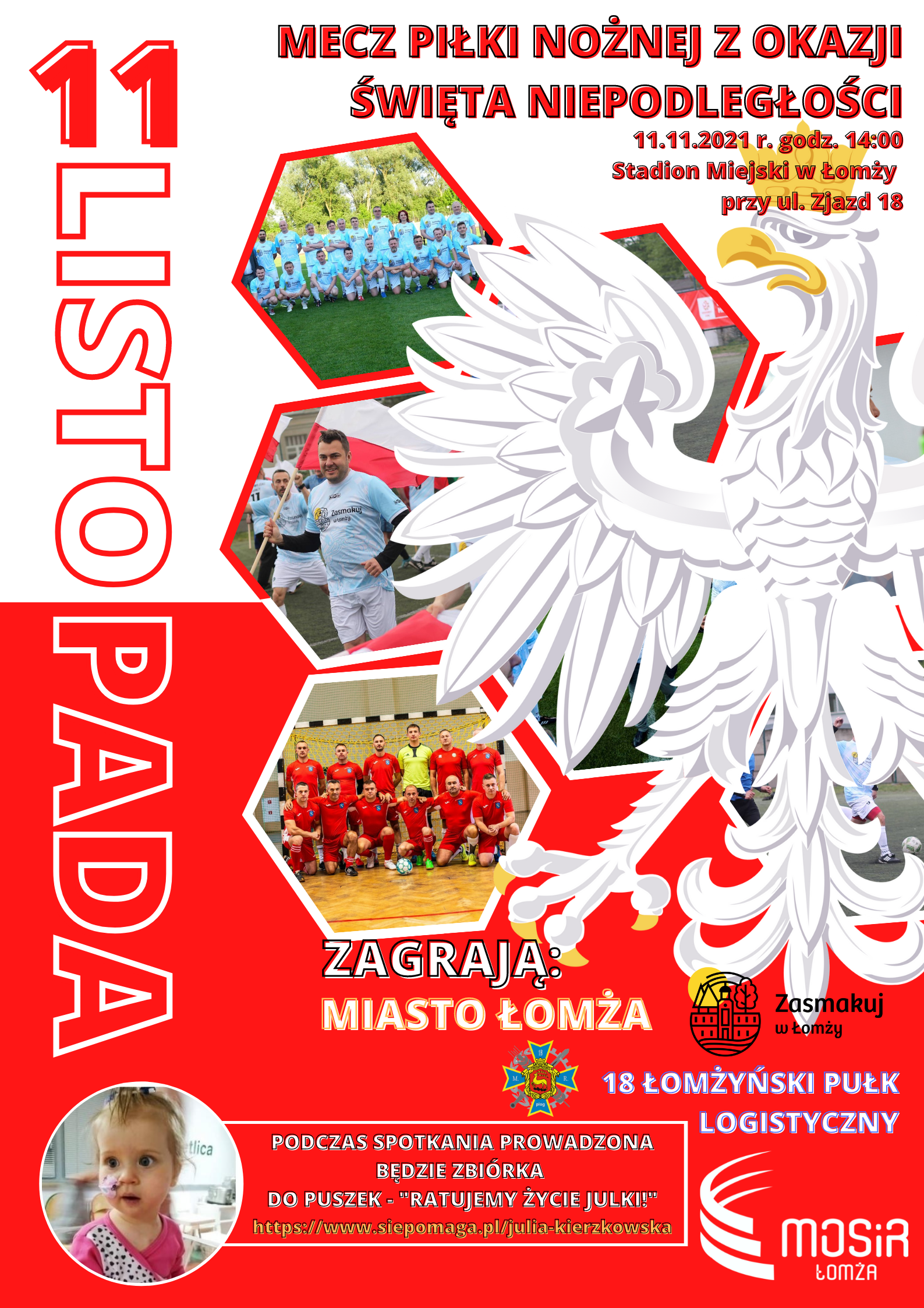 Grafika ze zdjęciami drużyn i Godłem Polskizapraszająca do udziału w meczu piłki nożnej