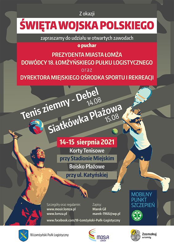 Plakat zapraszający na turniej tenisa ziemnego i turniej siatkówki plazowej z okazji Święta Wojska Polskiego