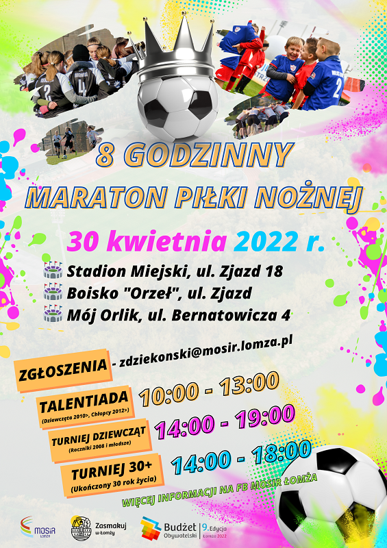 Plakat z informacją o 8 godzinnym maratonie piłki nożnej