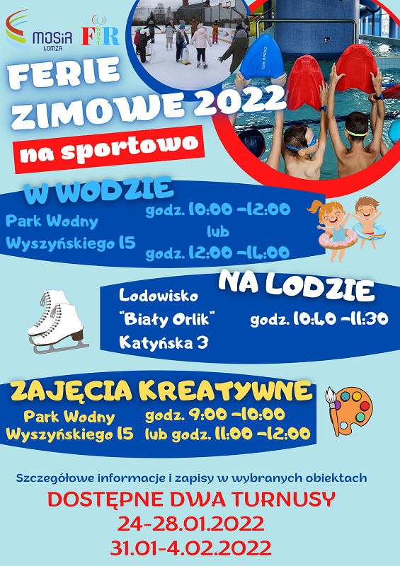 grafika przedstawiająca plakat zachęcajaćy do zapisów na ferie zimowe w Parku Wodnym i na lodowisku, zdjęcie dzieci na lodowisku i na pływaln