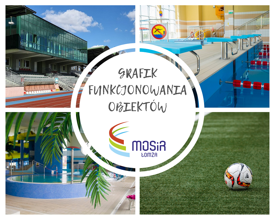 grafika przedstawiająca obiekty MOSiR: budynek stadionu, basen, boisko z piłką