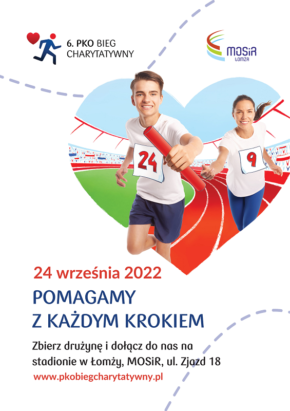 dwoje biegaczy w sercu, plakat zachęcający do udziału w biegu charytatywnym PKO