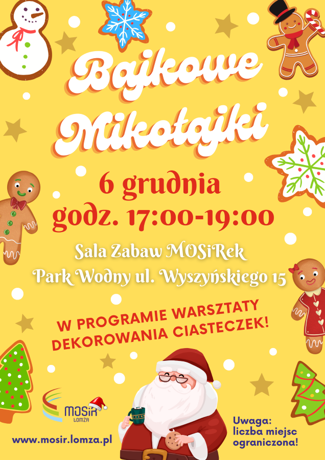 plakat promujący mikołajki w sali zabaw mosirek w parku wodnym, mikołaj, ciasteczka, śnieżynki, choinka