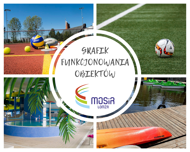 zdjęcia murawy i piłki nożnej, kajaków na tle portu rzecznego, palmy i grzyba w Parku Wodnym, sprzętu sportowego na kortach tenisowych