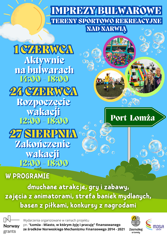 plakat zachęcający do udziału w wydarzeniach organizowanych na łomżyńskich bulwarach, zdjęcie dmuchanych zjeżdżalni, grafika słoneczko, bańki mydlane, uśmiechnięte dzieci