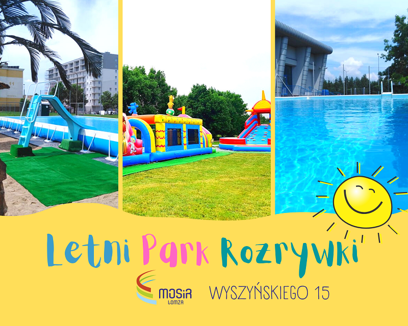 kolaż zdjęć sezonowego basenu odkrytego i dmuchanych zdjeżdżalni, palma, grafika słońce