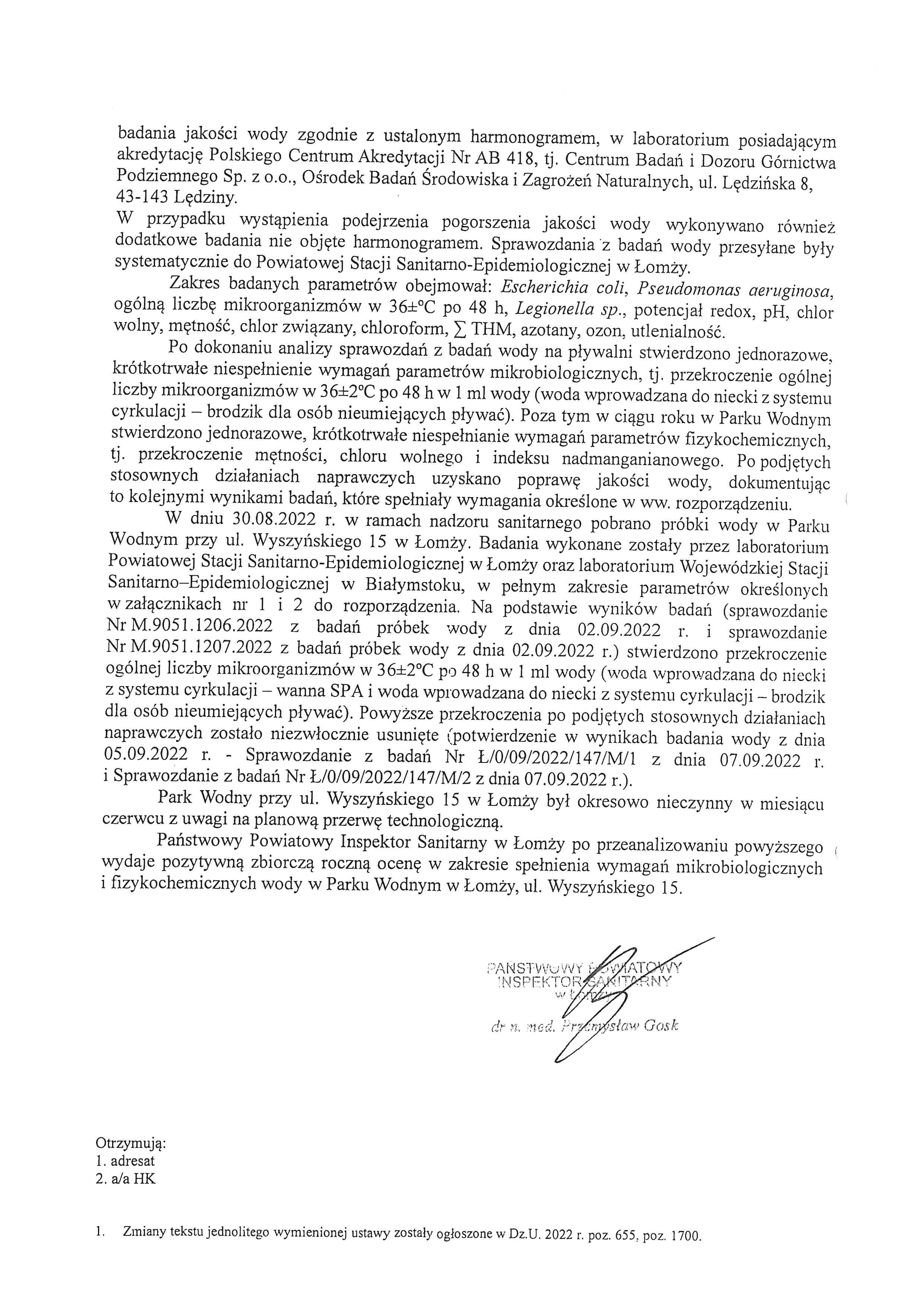 Zdjęcie to skan zbiorczej rocznej oceny jakości wody z Sanepidu strona 2
