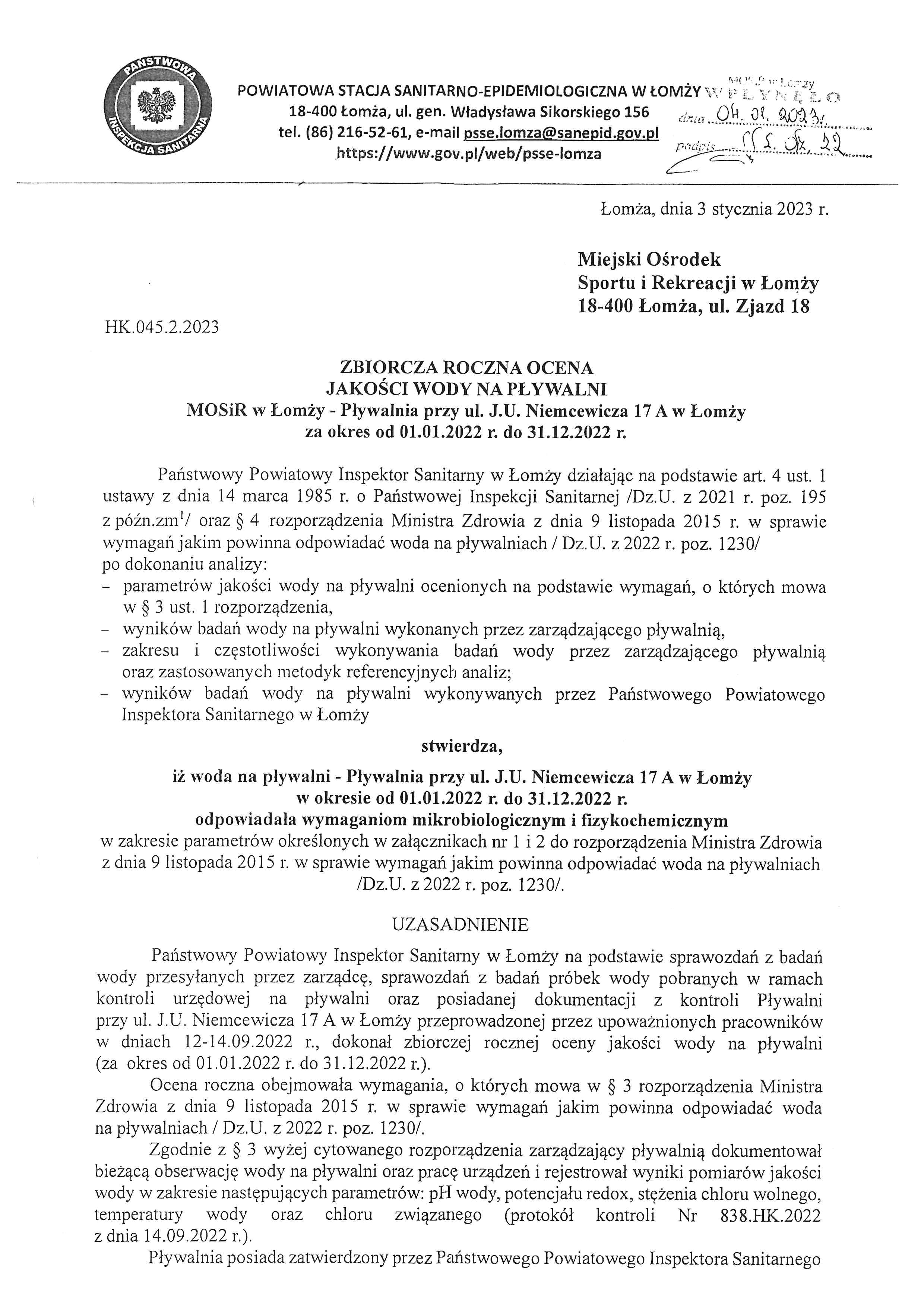 Skan dokumentu z sanepidu zbiorcza ocena jakości wody strona 1