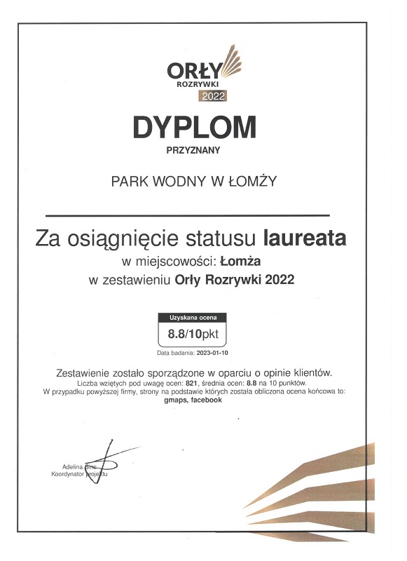 skan dyplomu wyrózniającego jakość usług w Parku Wodnym, plebiscyt Orły 2022