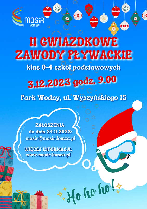 plakat zachęcający do udziału w gwiazdkowych zawodach pływackich, mikołaj nurkujący pod wodą