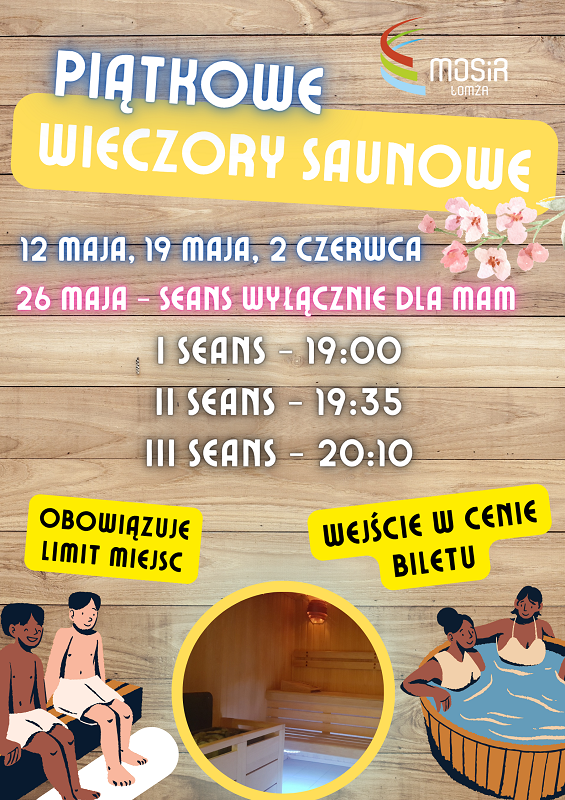 Plakat zachęcający do udziału w wieczorach saunowych w parku Wodnym, grafika osoby siedzące w saunie i w jacuzzi