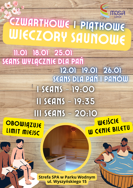 plakat zachęcający do udziału w wieczorach saunowych w parku wodnym, grafika ludzie w saunie, ludzie w jacuzzi