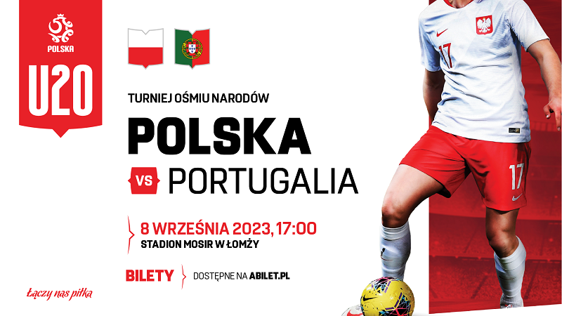 grafika przedstawiająca zawodnika reprezentacji Polski, zachęcająca do udziału w meczu piłki nożnej Polska Portugalia U20 8.09.2023 w Łomży