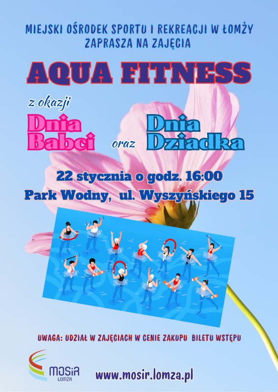 plakat zachęcający do usziały dziadków i babci w aqua fitness w parku wodnym, grafika osoby ćwiczące w wodzie