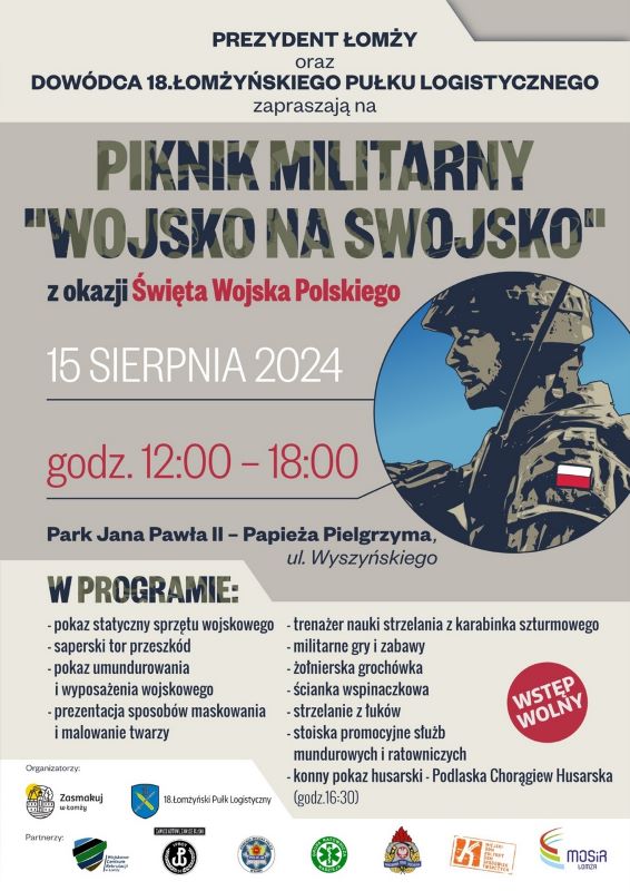 plakat zachęcający do udziału w pikniku militarnym 15 sierpnia, grafika żołnierz, program