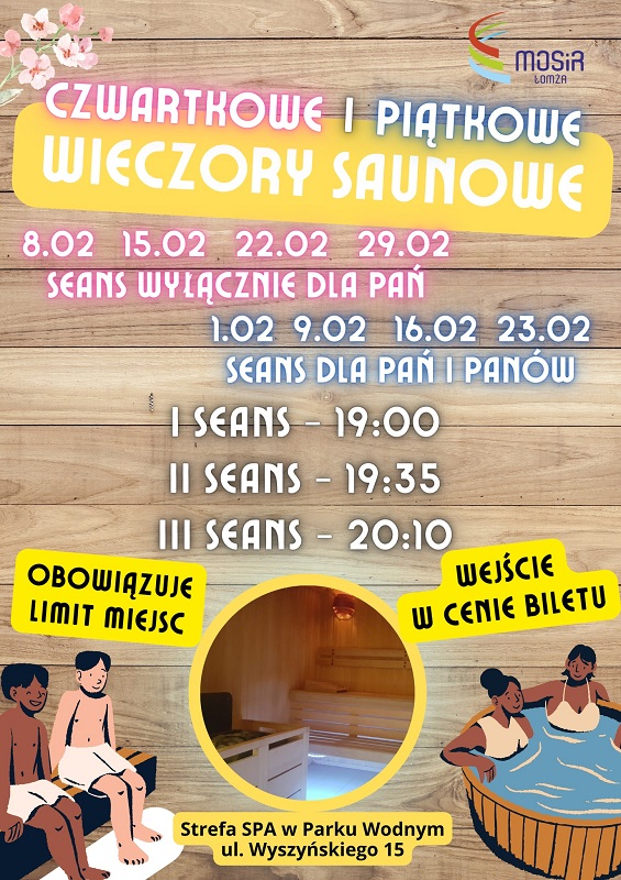 plakat zachęcający do udziału w wieczorach saunowych w parku wodnym, grafika dwie osoby w asunie, dwie osoby w jacuzzi