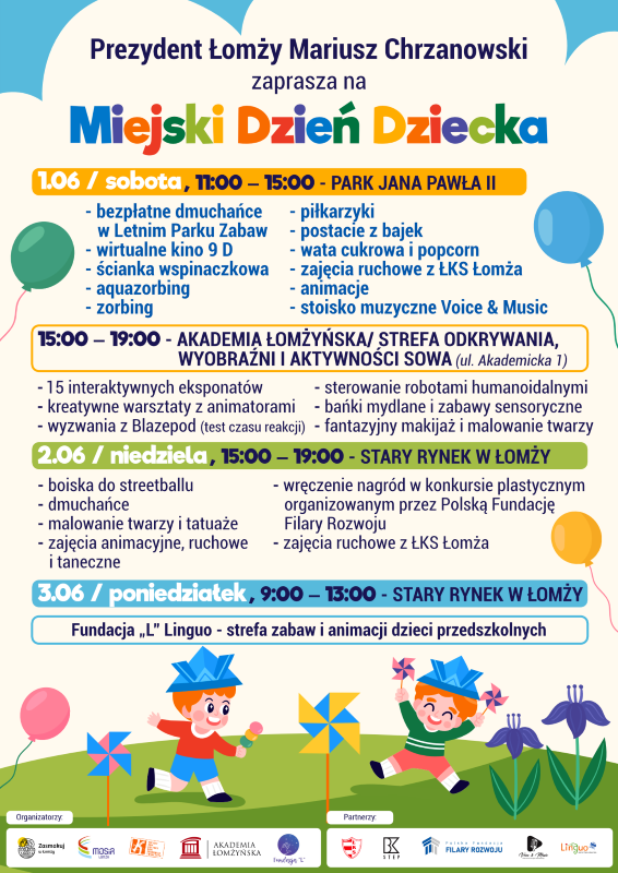 plakat na Dzień Dziecka zachęcający do udziału w wydarzeniach, grafika dzieci, kwiatki, wiatraczki, balony