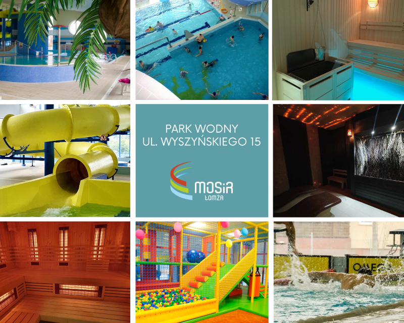 kolaż zdjęć park wodny, zjeżdżalnia, sauny, tężnia solankowa, sala zabaw dla dzieci, palma