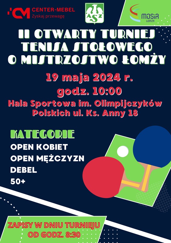 Plakat przedstawiający informacje odnośnie Turnieju Tenisa Stołowego. Jest on na granatowym tle i ma grafikę rakietek tenisowych.