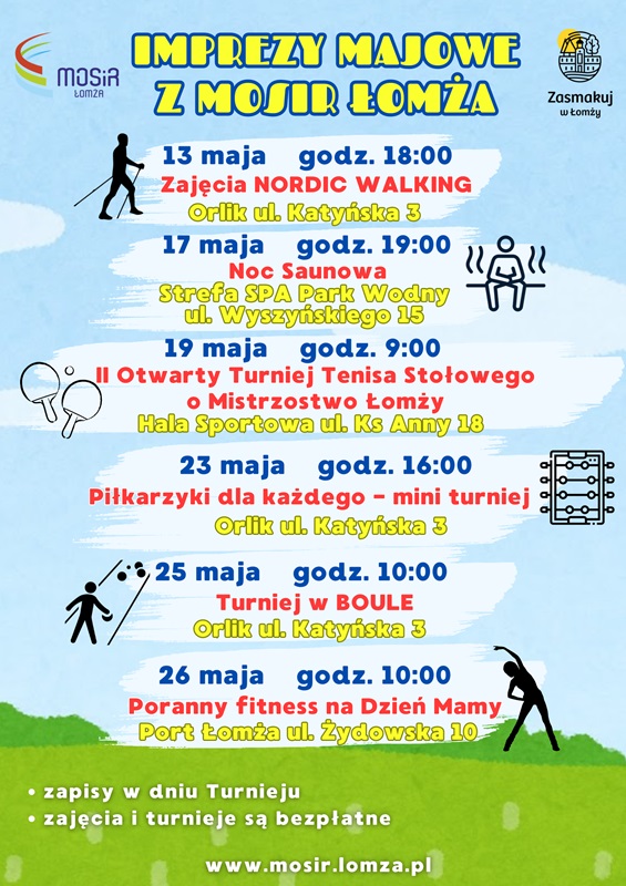 Plakat przedstawiający informacje o imprezach majowych MOSiR Łomża. Są mini grafiki przedstawiający każde wydarzenie.