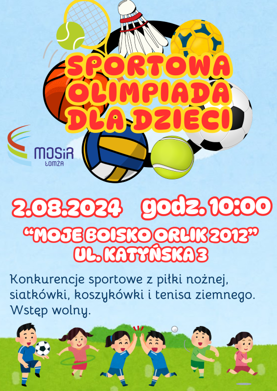 plakat sportowa olimpiada dla dzieci, grafika piłka do siatkówki, lotka, piłka to tenisa, nożna, grupa dzieci