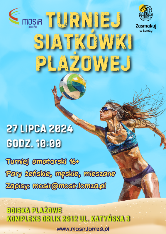 plakat zachęcający do udziału w turnieju siatkówki, kobieta grająca w siatkówkę