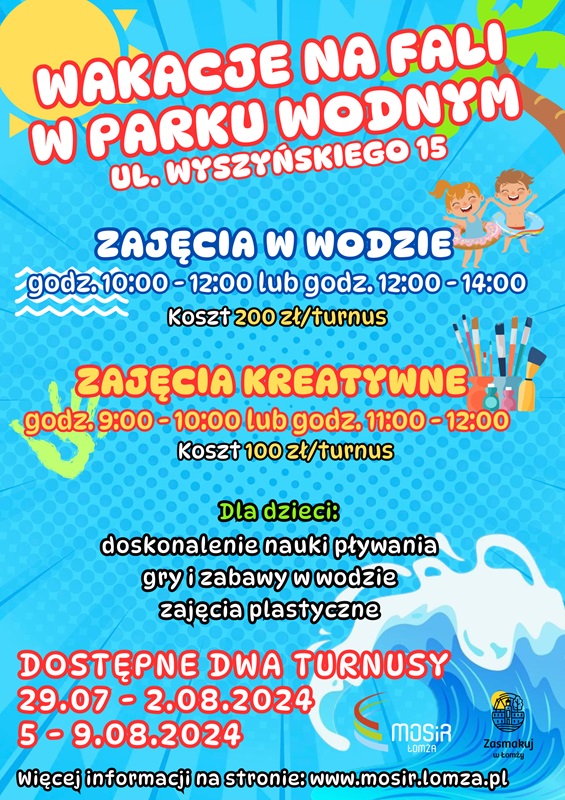 plakat zachęcający do zapisów dzieci na zajęcia w Parku Wodnym, grafika odcisk dłoni, palma, słońce, fala, dzieci w kole dmuchanym, kredki