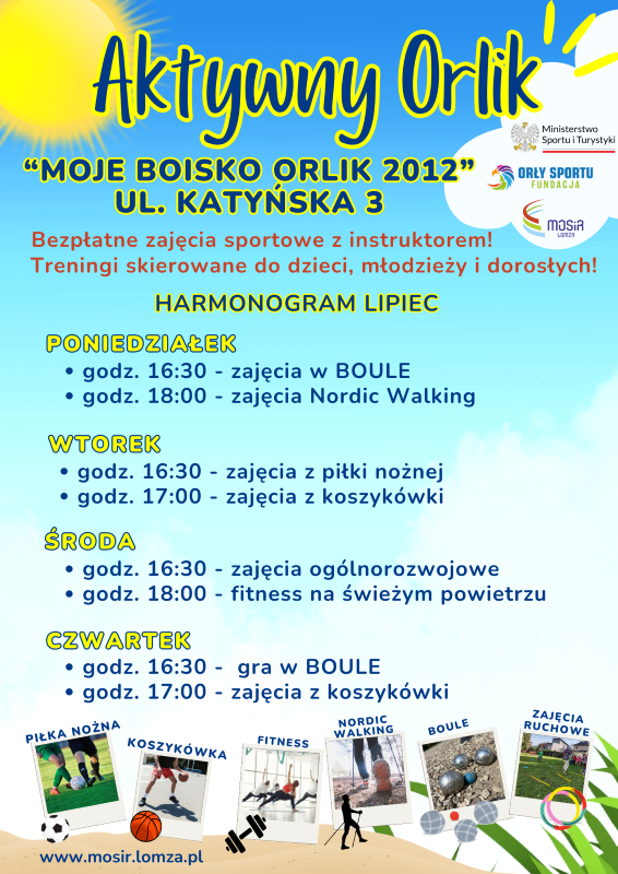 Plakat zachęcający do aktywności fizycznej, zdjęcia osób uprawiających sporty.