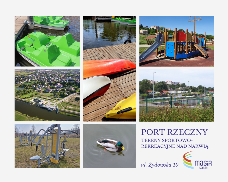 zdjęcia kajaki, rowery wodne, port rzecznym, pole kempingowe, kaczka na wodzie, siłownia zewnętrzna, plac zabaw