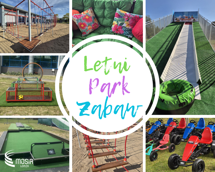 zdjęcia gokartów, zjeżdżalni pontonowej, parku linowego, boiska do mini hokeja i innych atrakcji Letniego Parku Zabaw