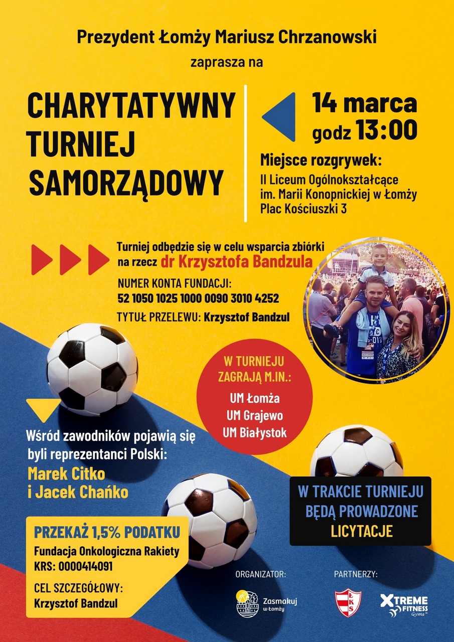 plakat zachęcający do udziału w turnieju piłki nożnej, grafika piłki, zdjęcie mężczyzna z dzieckiem na barana