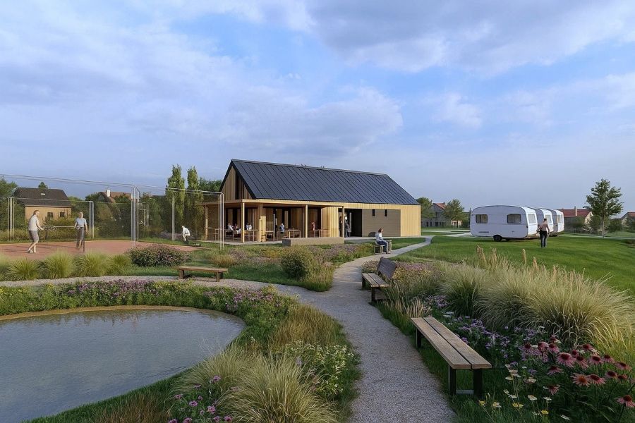 projekt budynek, kampery, oczko wodne, zieleń, ławka, chmury na niebie