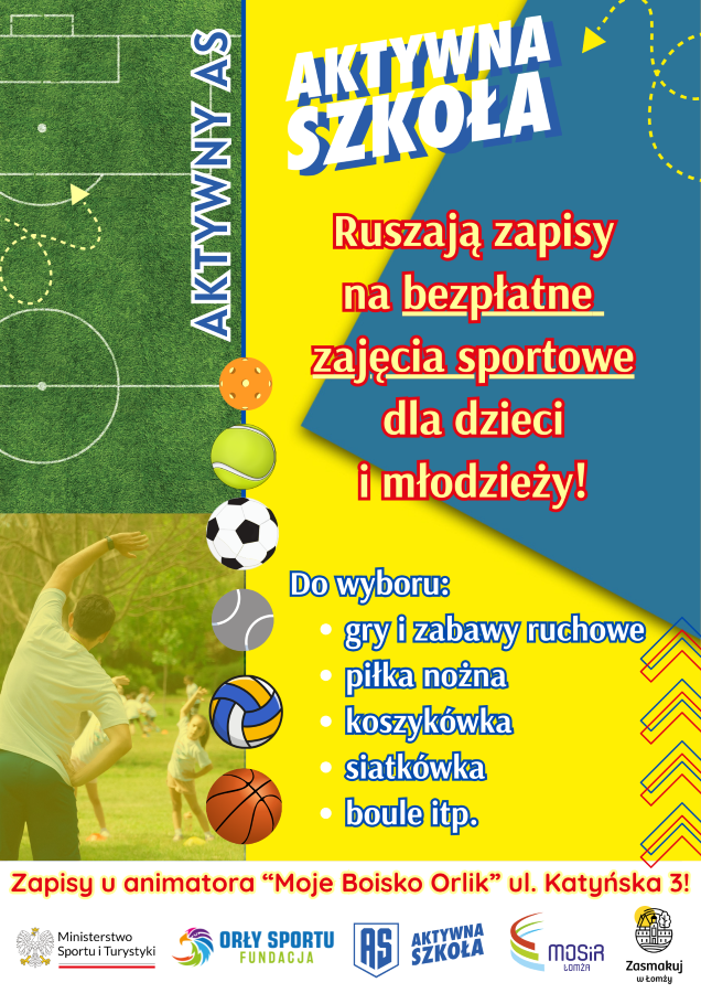 plakat zachęcający do udziału w zajęciach sportowych dla dzieci, grafika piłki do różnych dyscyplin sportu