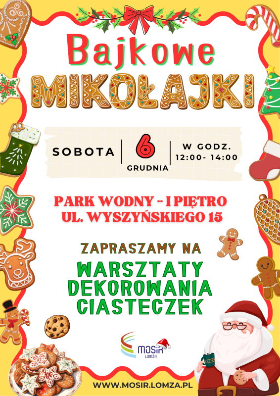 zaproszenie na warsztaty pieczenia ciasteczek do Parku Wodnego, grafika ciasteczka, św. Mikołaj