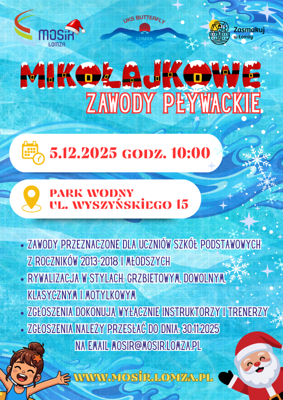 Plakat zachęcający do udziału w Mikołajkowych Zawodach Pływackich dla dzieci w Parku Wodnym, grafika woda, fale, św. Mikołaj, dziewczynka