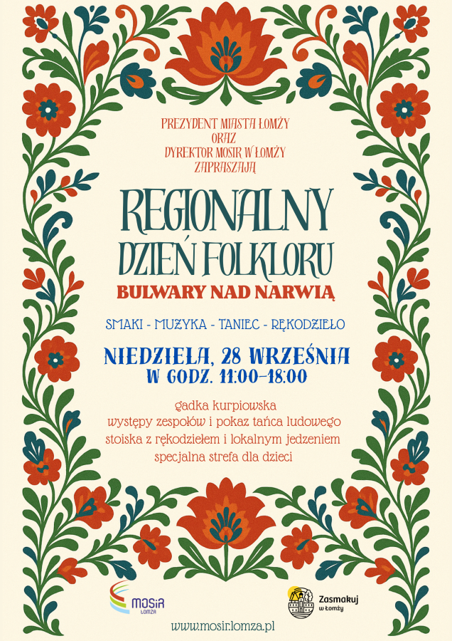 plakat zachęcający do udziału w Regionalnym Dniu Folkloru 28 września na łomżyńskich bulwarach, grafika kwiaty