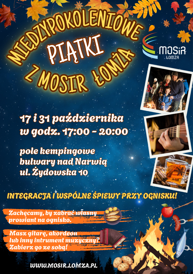 plakat gwieździste niebo, zdjęcie rodziny przy ognisku, gitara w dłoni, akordeon, grafika kiełasa, ryba, jabłko pieczone nad ogniskiem