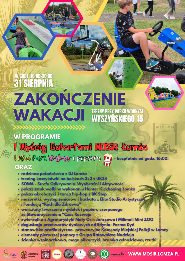 Plakat zachęcający do udziału w zakończeniu wakacji 31 sierpnia, grafika palma, zdjęcia gokart, dzieci w Letnim Parku Zabaw