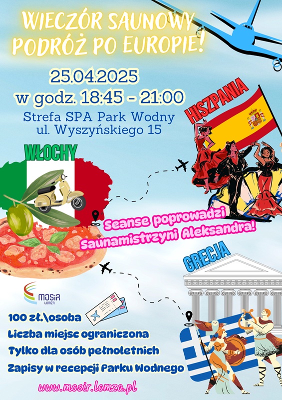 plakat zachęcający do udziału w wieczorze saunowym, grafika flagi, budynki, samolot, pizza