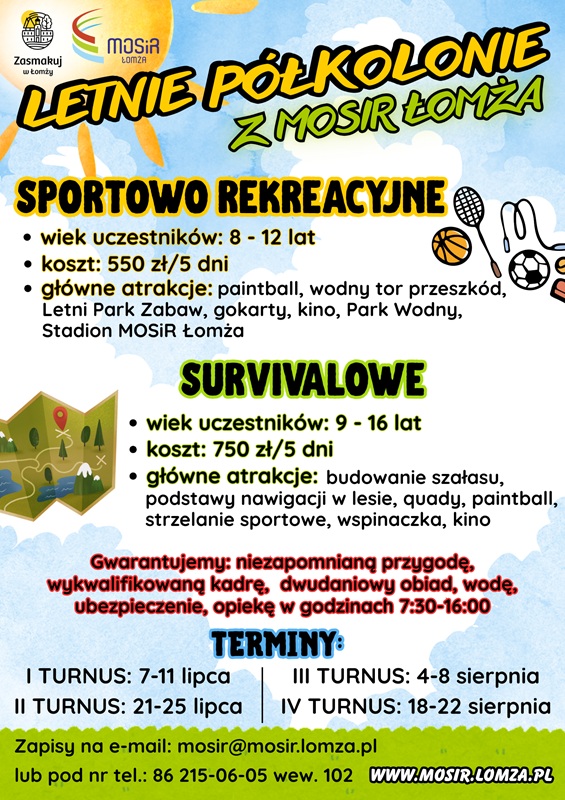 plakat zachęcający do udziału w półkoloniach, grafika słońce, mapa, piłki, rakietka do tenisa