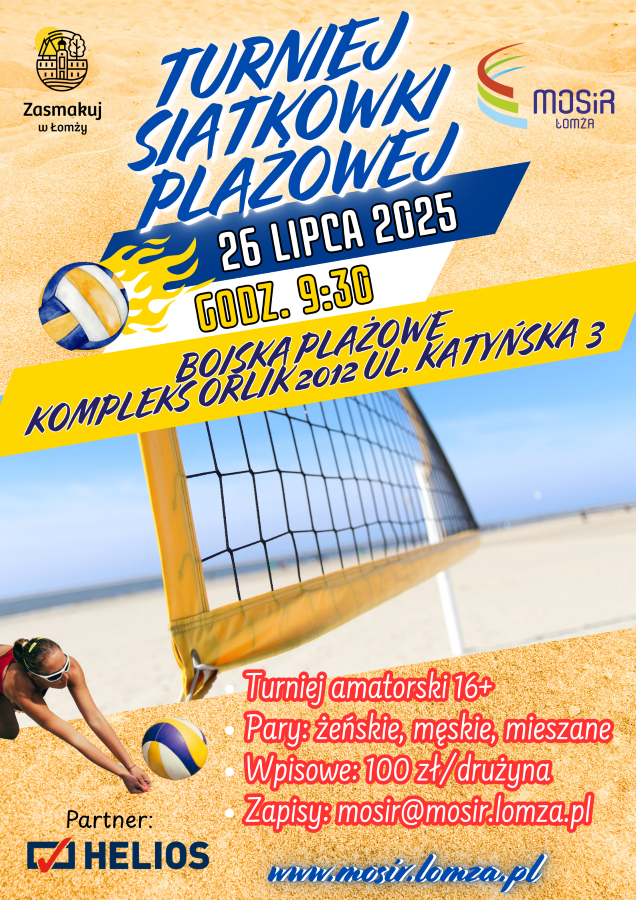 Plakat zachęcający do udziału w turnieju siatkówki plażowej. Grafika mężczyzna odbijający piłkę siatkową na piachu, niebo, siatka