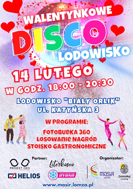 Plakat przedstawia informacje dotyczące Walentynkowego DISCO Lodowisko