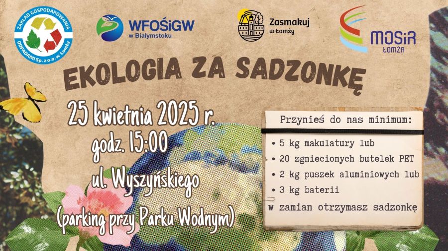 grafika kula ziemska, kwiaty, motyl, zaproszenie do udziału w zbiórce ekologicznej