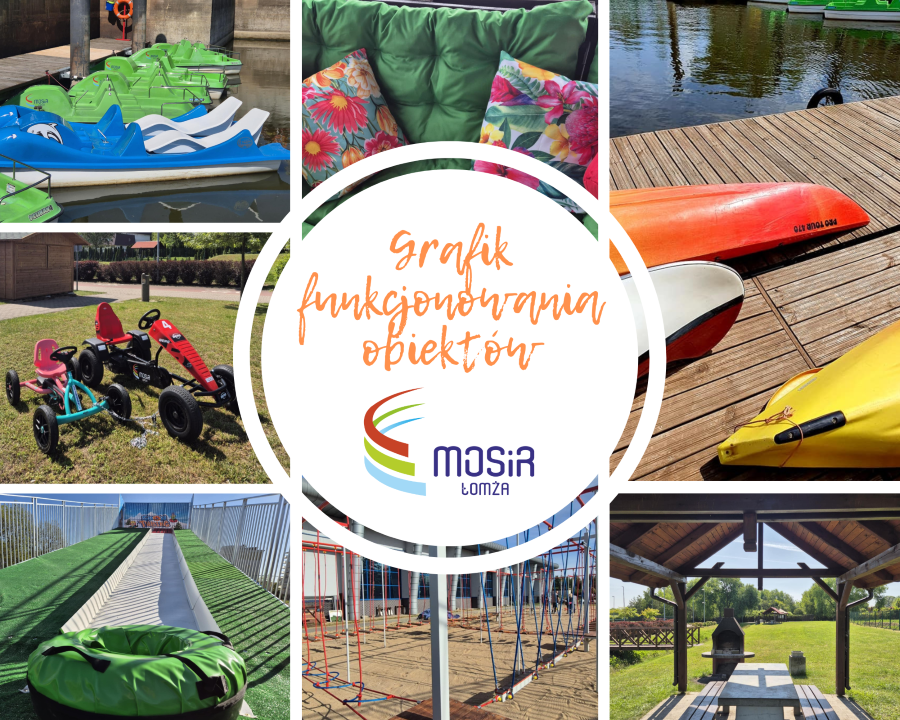 kolaż zdjęć: rowery wodne, kajaki, gokarty, rzeka, wiata grillowa na bulwarach, snowtubing, park linowy, poduszki