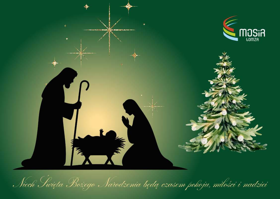 grafika Maryja, Józef i Jezus w stajence, choinka