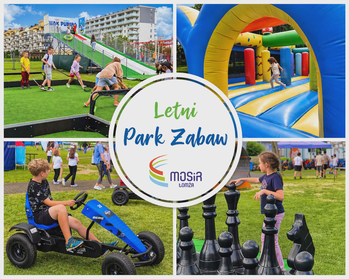 zdjęcia w letnim Parku Zabaw: 1. dzieci na tle toru do snowtubingu i budynków, 2. dziecko biegnące w dmuchanej zjeżdżalni, 3. chłopiec na gokarcie na trawie,, 4. dziewczynka na wielkoformatowych szachach