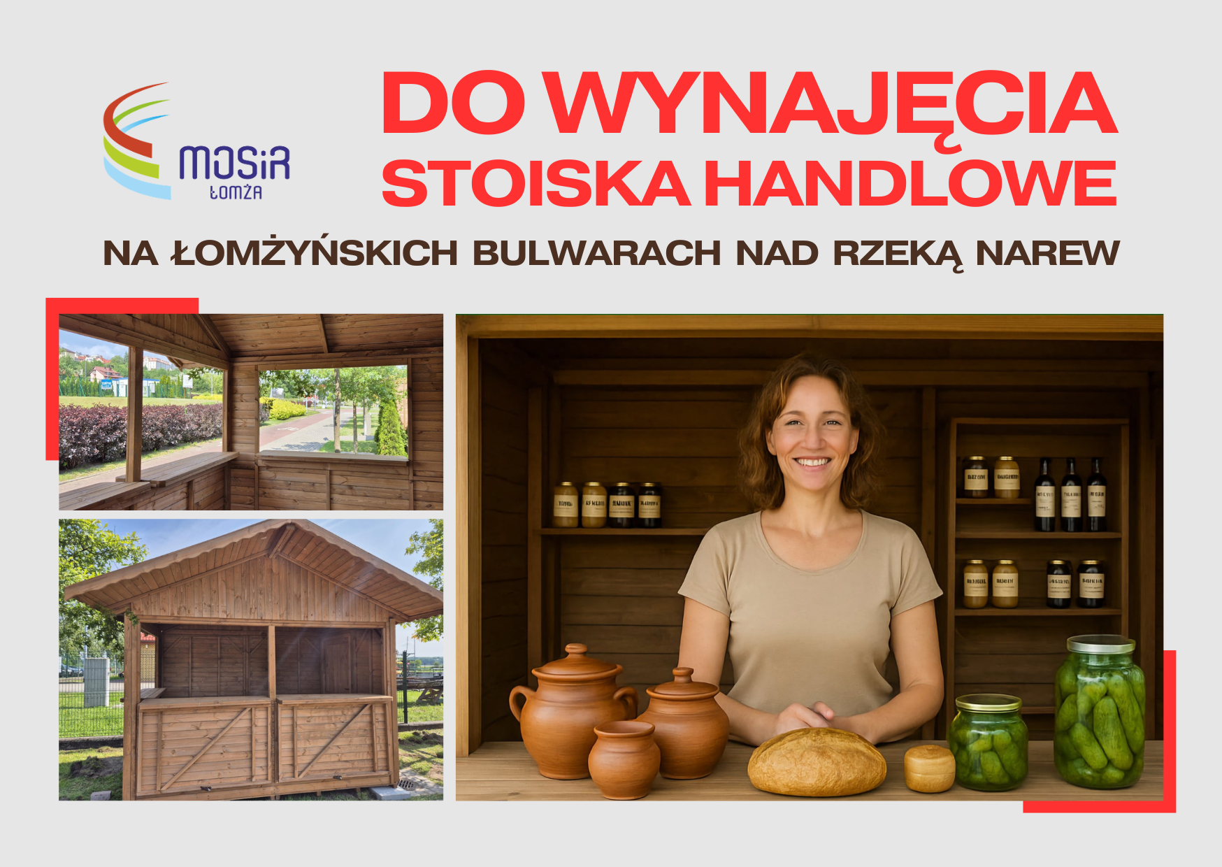 zdjęcie kobieta stojąca za ladą w drewnianym stoisku handlowym, słoiki, ogórki, miody