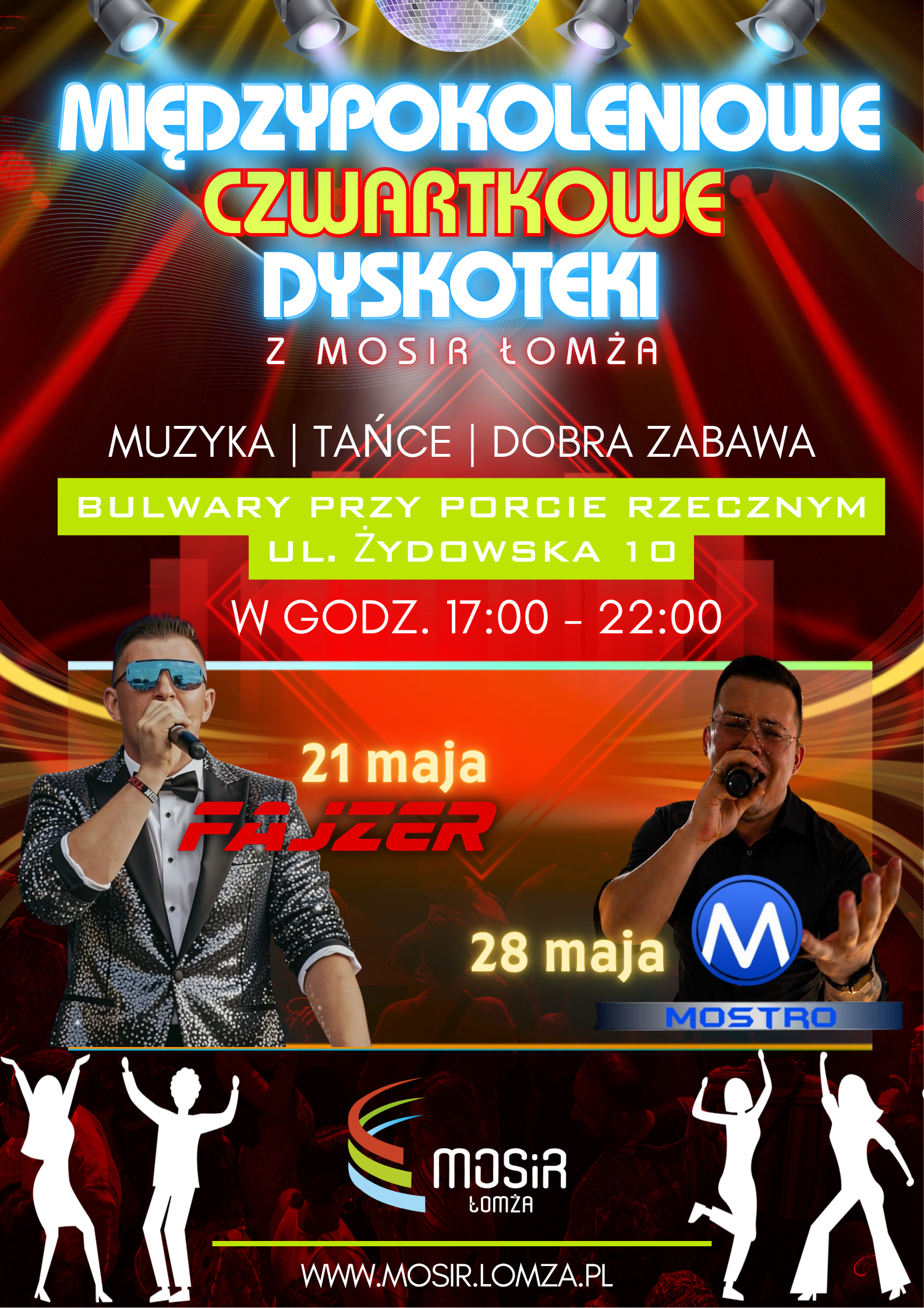 Plakat zachęcający do udziału w Międzypokoleniowych Dyskotekach, zdjęcie wokalisty zespołu Fajzer i DJ Mostro.